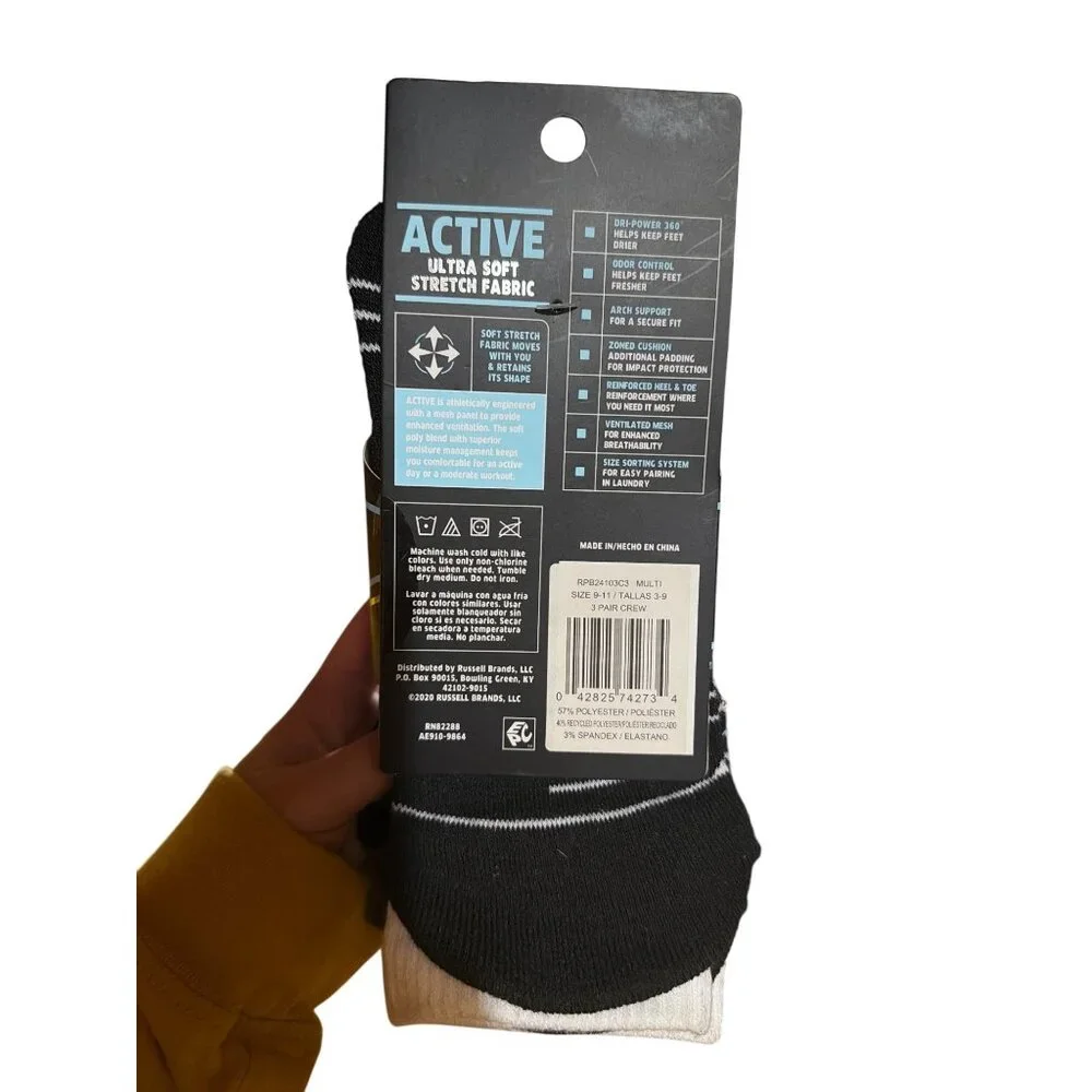 NWT Russell Boys 3-Pack Large Crew Socks Shoe 3-9 Active Performance Dri-Power